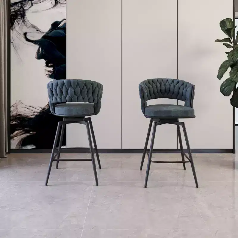 Okak 26 Swivel Bar Stools Set of 2, Suede Upholstered with Footrest & Woven Back, Black Legs Counter Stools for Kitchen Island