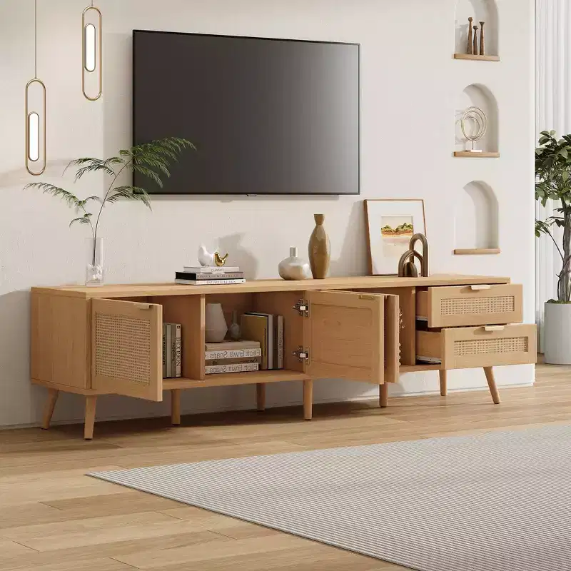 TV Stand for Up to 80 TVs, Rattan Door Media Console Entertainment Center with 2 Drawers, Cable Holes & Solid Wood Legs, Natural