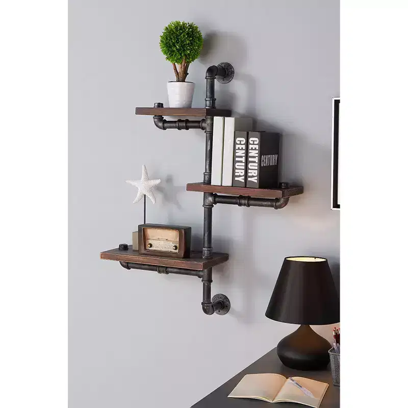 38° 3 Pine Wood Floating Wall Shelves Industrial Gray/Walnut