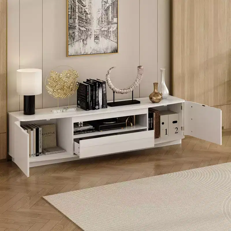 White Glossy TV Stand with Rounded Corners - Modern Living Room Media Console