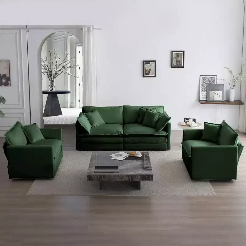 3 Piece Sofa Set with Arm Pillows and Toss Pillows Sofa Set Include 2 Piece of Arm Chair and One 2 Seat Sofa Green Chenille