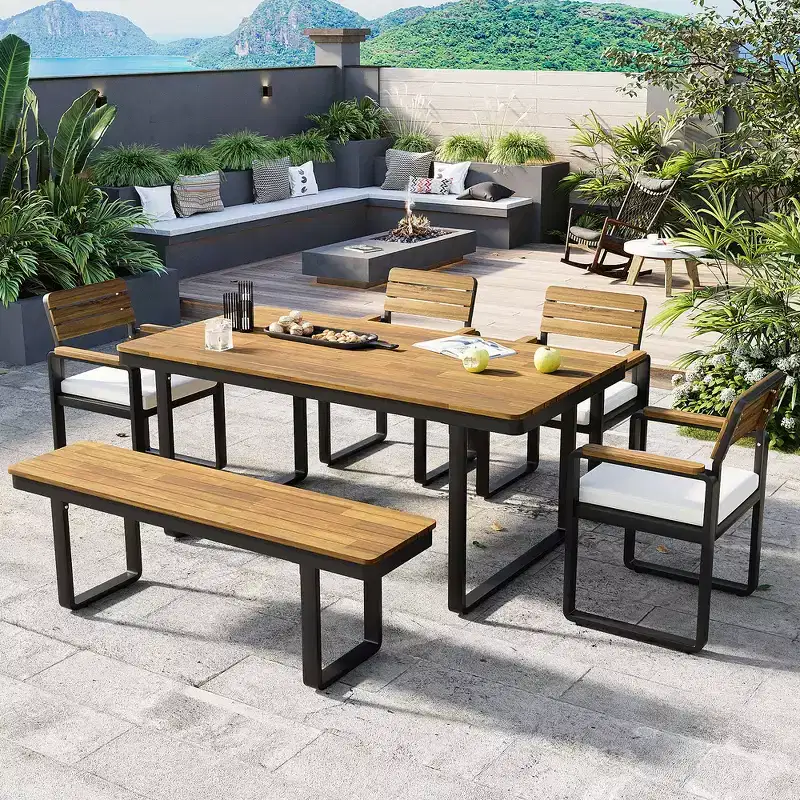 Whisen 6-Piece Outdoor Wood Dining Set for 6-7 Person, Patio Garden Dining Seating Set, 1 Rectangle Table & 1 Bench & 4 Chairs with Cushions
