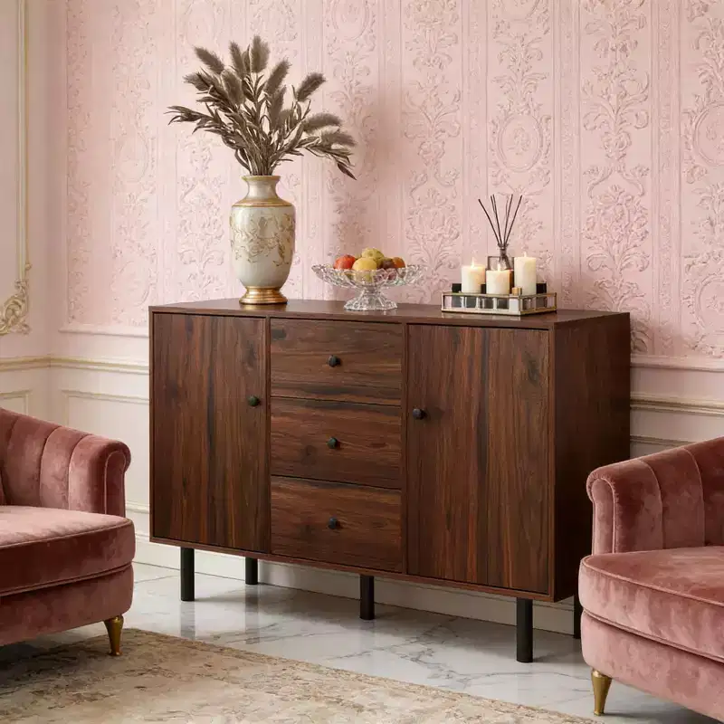 GDFStudio Ayzi Modern 50 Wooden Sideboard Cabinet with Steel Legs, 3 Drawers and 2 Doors