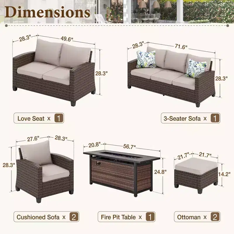 Captiva Designs 7pc Outdoor Patio Wicker Rattan Cushioned Sofa Fire Pit Set with Ottomans and Loveseat