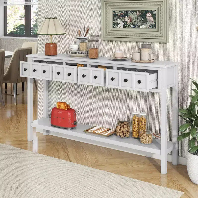 Rustic Entryway Console Table with 4 Drawers and Bottom Shelf, 60