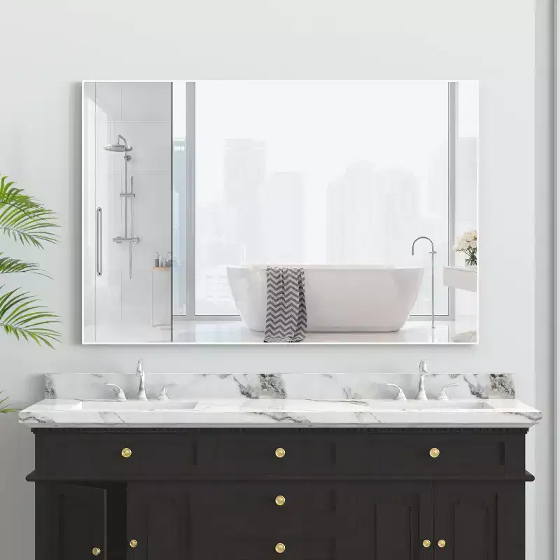 Modern White Frame Bathroom Mirror: Oversized, Aluminum, Wall Mounted, Vertical/Horizol