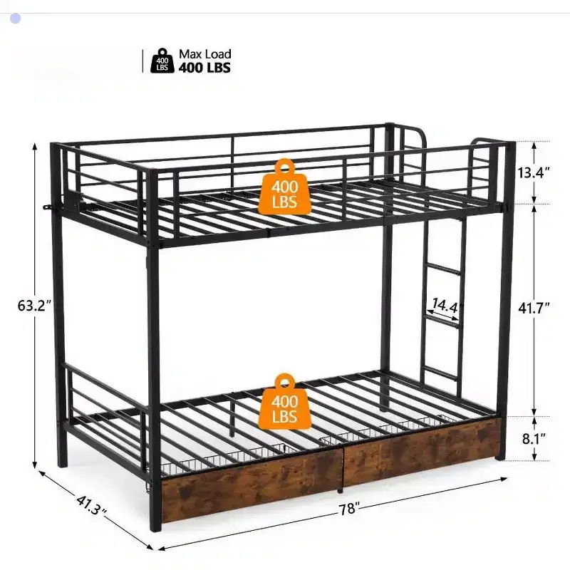 Twin - over - Twin Metal Bunk Bed with 2 Drawers and Charging Station, LED Light, Black