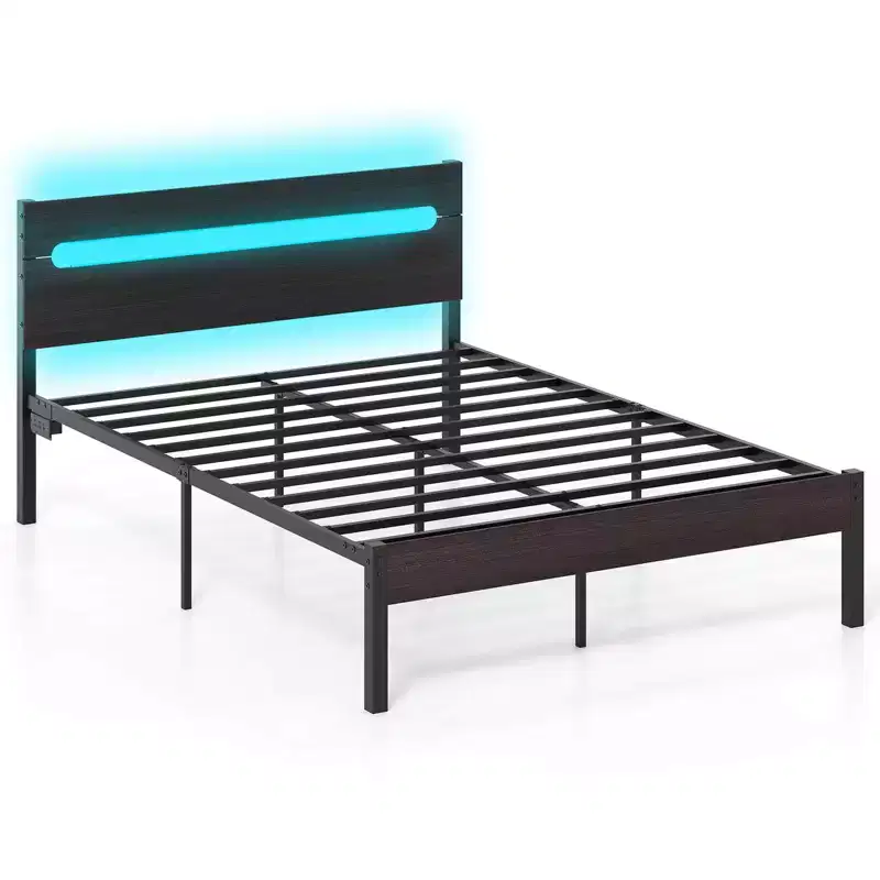 Full Size Bed Frame with Built-in Charging Station, RGB LED Lighting, Sturdy Mattress Foundation, Rustic Brown + Black / Walnut + Black