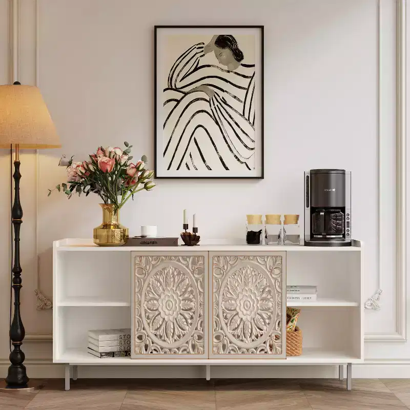 Retro Farmhouse Sideboard Buffet Cabinet - 2 Hollow-Carved Sliding Doors, 2 Shelves, 58.66 Inch
