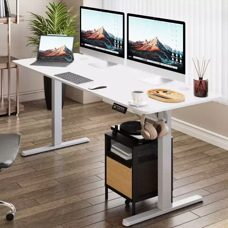 Celebalcony 71'' Adjustable Height Standing Office Desk, Computer Desks with Memory Preset, Splice Tabletop, White Frame