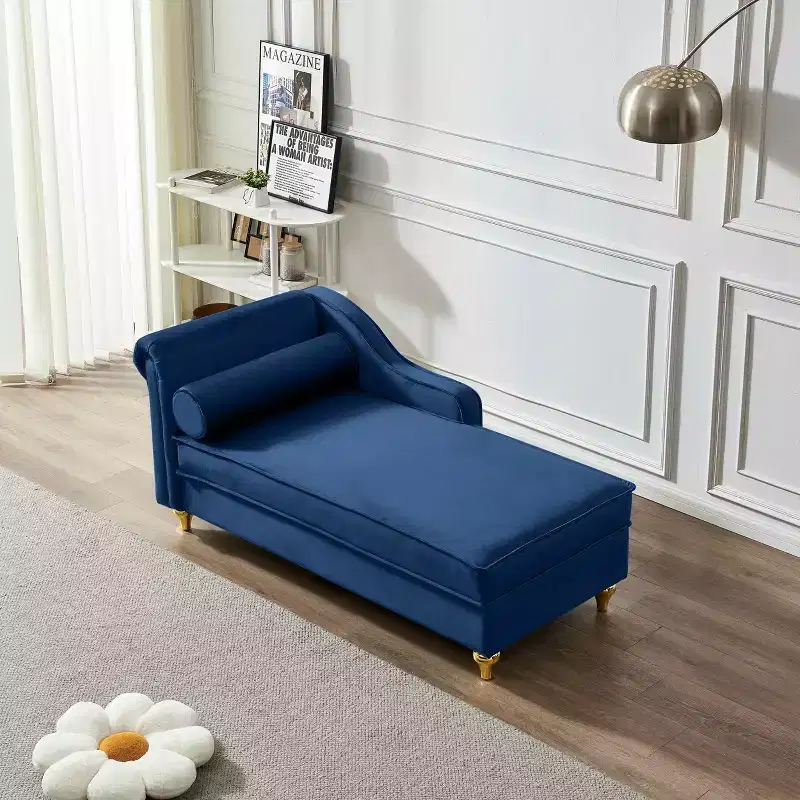 MAYEERTY Velvet Chaise Lounge Sofa with Gold Metal Legs Round Pillow for Living Room Blue