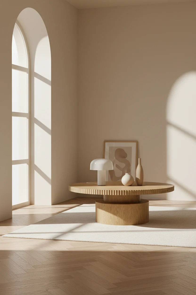 Sculptural Oak Veneer Coffee Table with Scalloped Edge Round Top & Stacked Cylindrical Base for Living Room