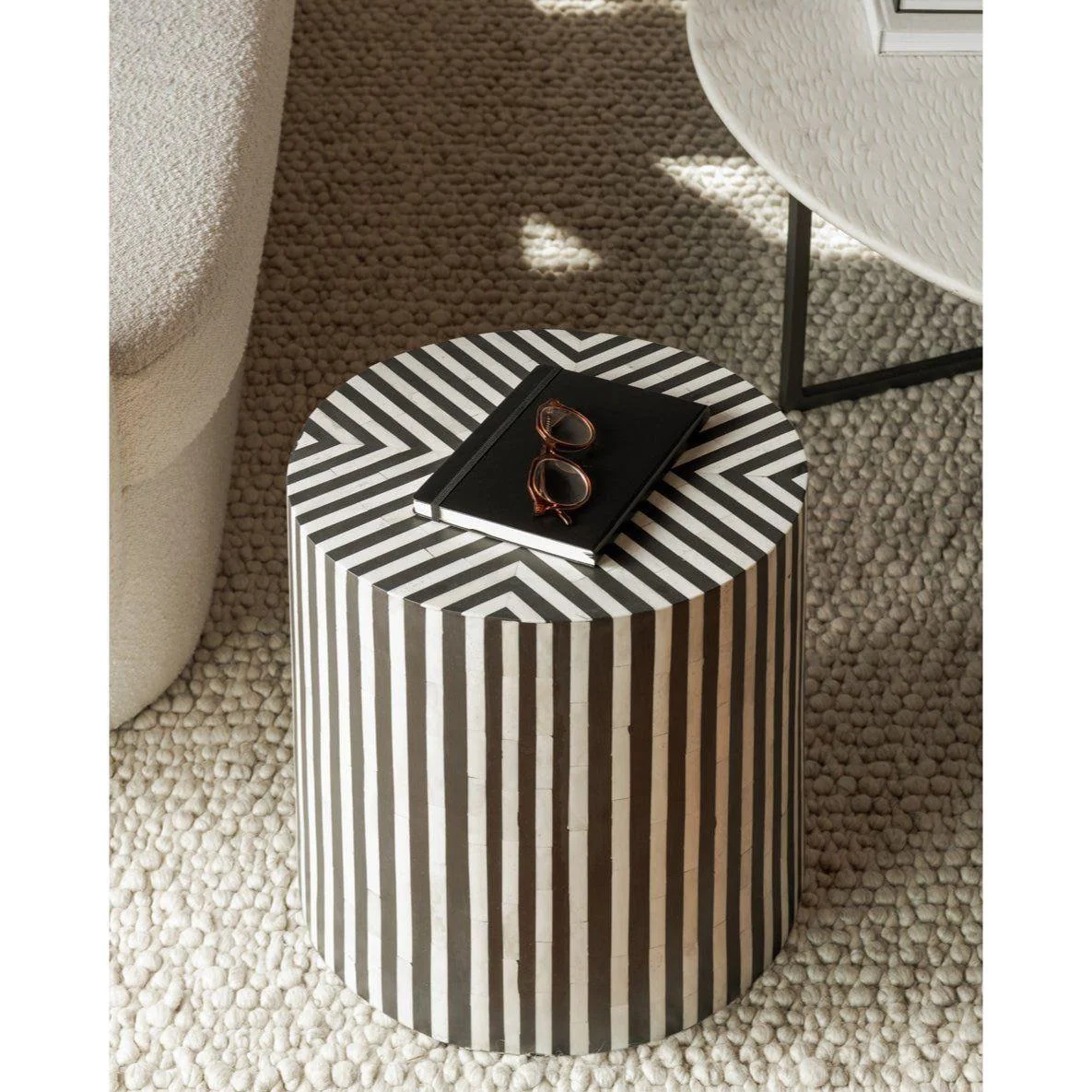 Eclectic Camel Bone & Resin Side Table with Cylindrical Mosaic Pattern for Living Room