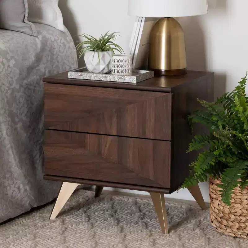 2-Drawer Mid-Century Nightstand, Walnut Brown/Gold, Geometric Wood Grain