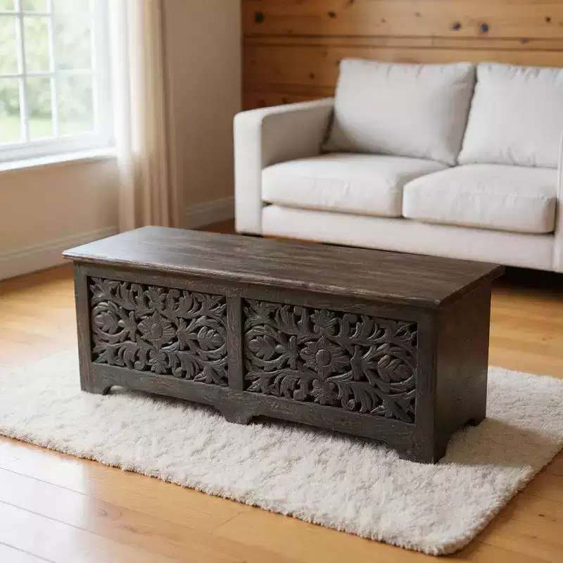 HomeRoots 52 Black Distressed Solid Wood Carved Floral Storage Ottoman