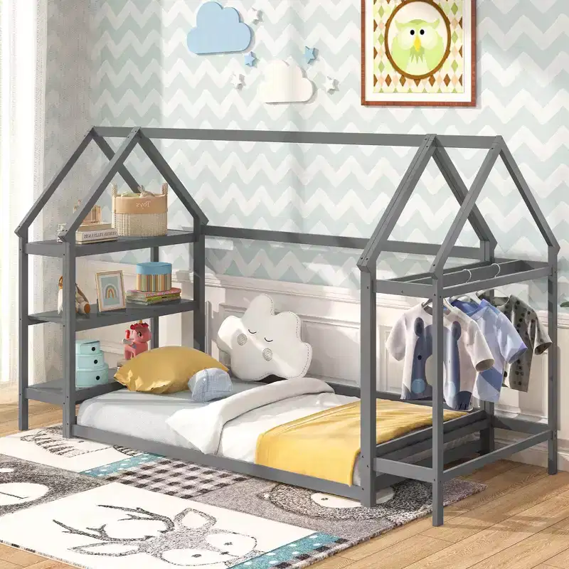 Twin Size Montessori House Floor Bed with Detachable Storage Shelves, Gray/White