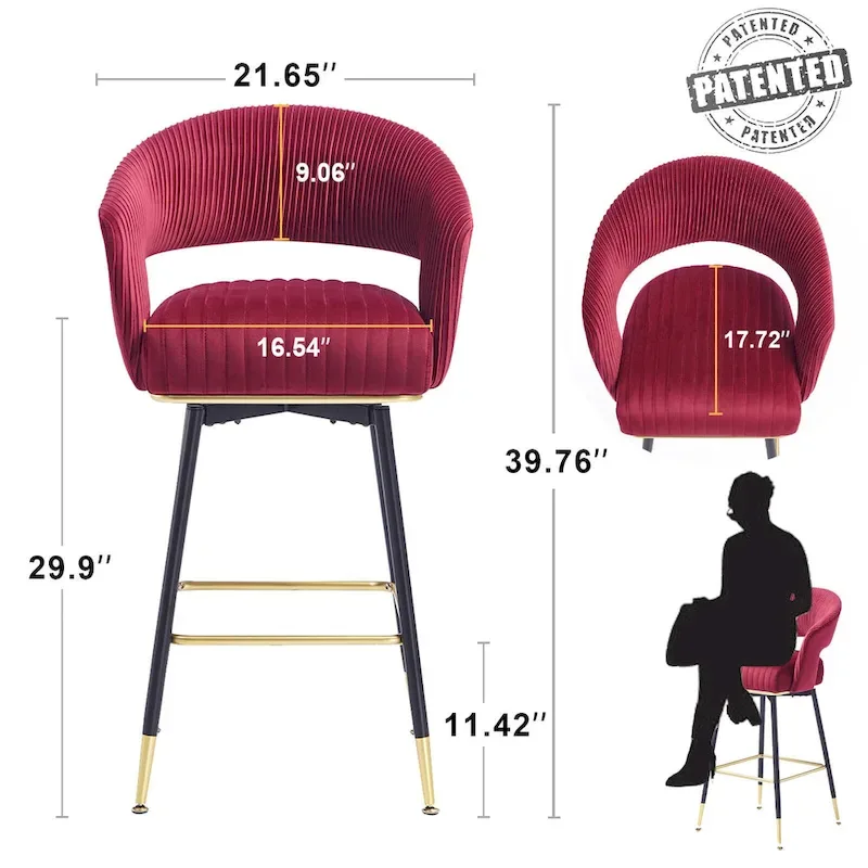 Hausfame Velvet Upholstered Set of 2 Swivel Barstool With Backs - 22.2 in. W X 21.5 in. D X 40 in. H