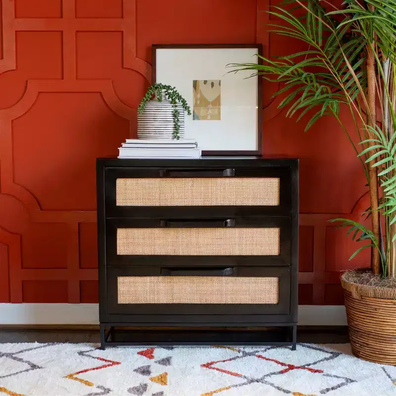 Gordon 3-Drawer Cabinet, Solid Mango Wood & Natural Cane, Black Metal Legs, Modern Farmhouse