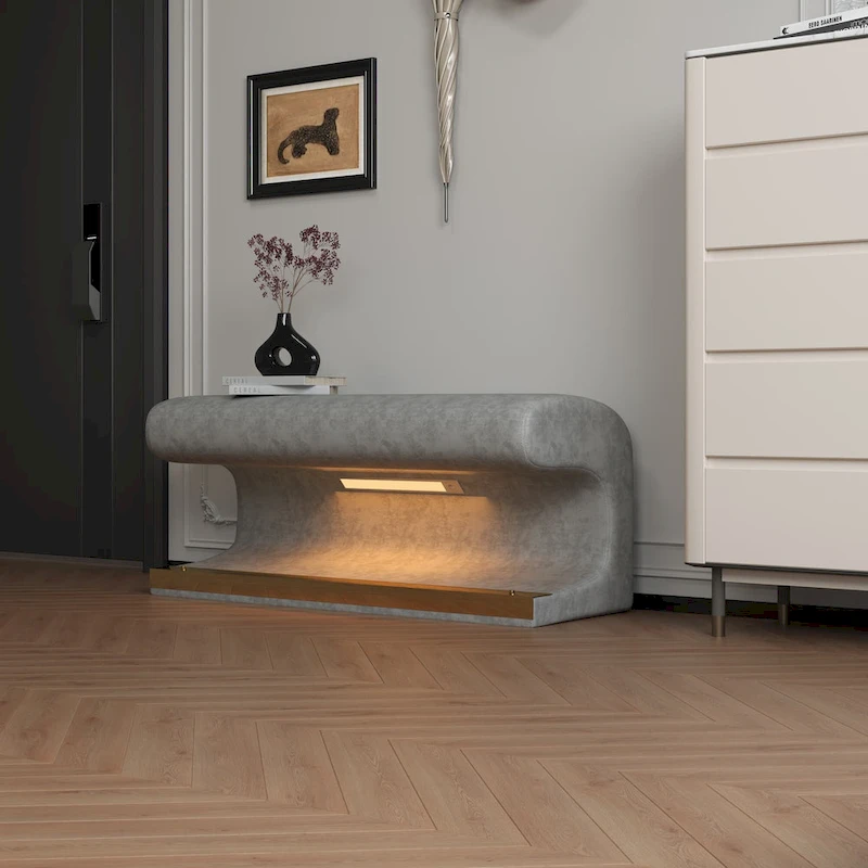 37W Entryway Bench Leather Upholstered Ottoman with LED