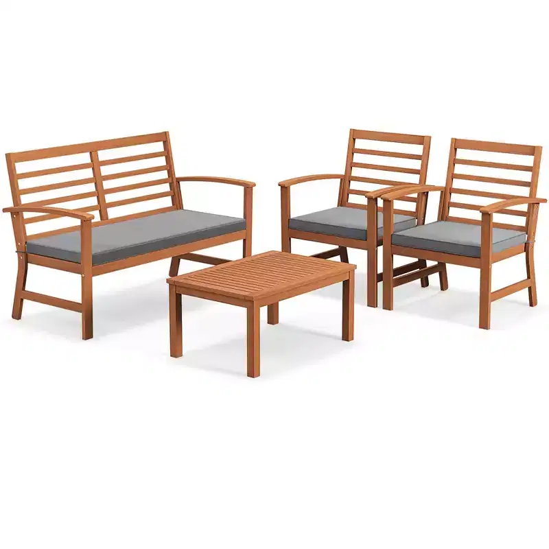 Costway 4 PCS Outdoor Furniture Set with Soft Seat Cushions Stable Acacia Wood Frame White/Navy/Gray