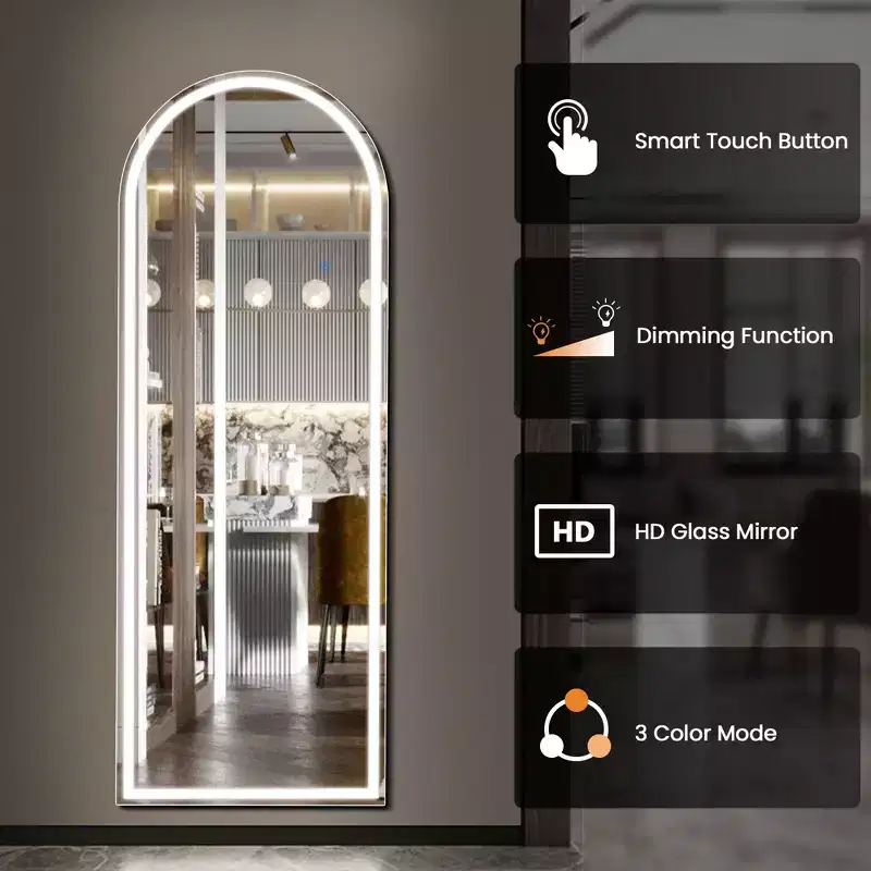 LED Light Arched Frameless Full Length Mirror with 3 Color Temperatures