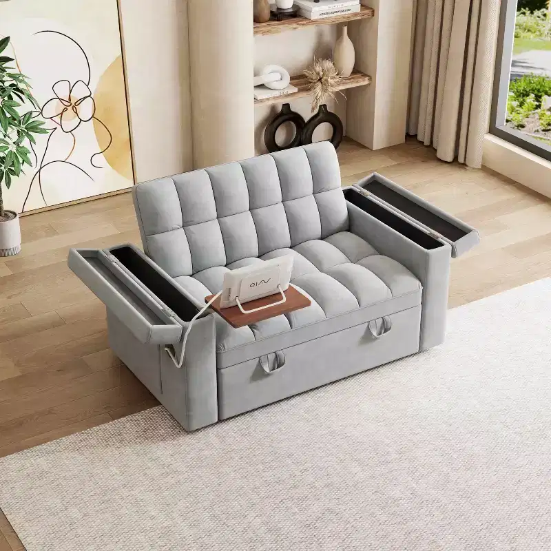 MAYEERTY 65 inch 3-in-1 Foldable Large Computer Desck Sofa Bed, Modern Velvet Double Sofa with Adjustable Backrest Storage Bag Pillow Light Gray