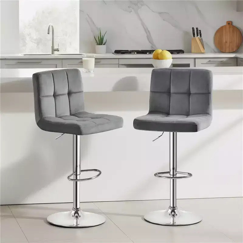 Yaheetech 2pcs Adjustable Modern Velvet Swivel Bar Stool with Backrest And Large Pedestal Base