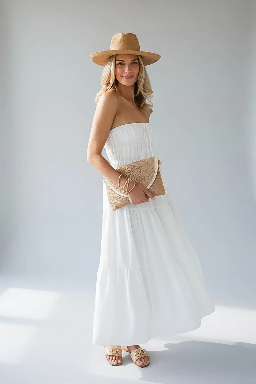 White Strapless Tiered Maxi Dress
