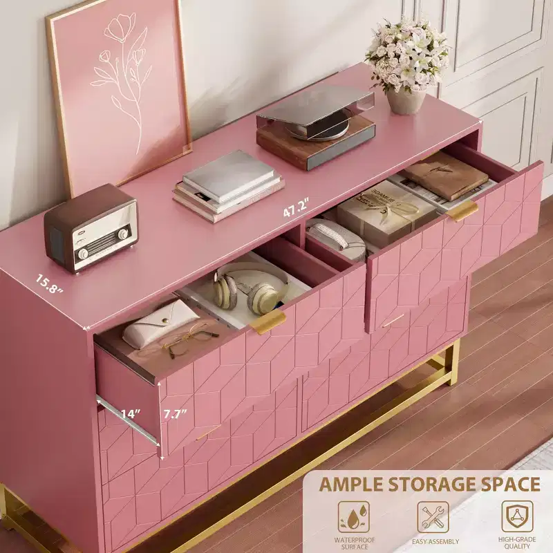 Dresser, 6 Drawer Modern Double Chest of Drawers with Gold Handles, Pink Bedroom Storage