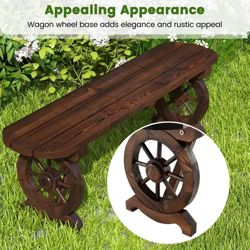 Costway Patio Rustic Wood Bench with Wagon Wheel Base Slatted Seat Design 710 LBS Max Load
