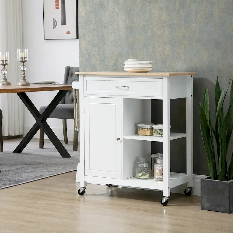 Wood Top Kitchen Trolley Cart on Wheels with Cabinet & Shelves