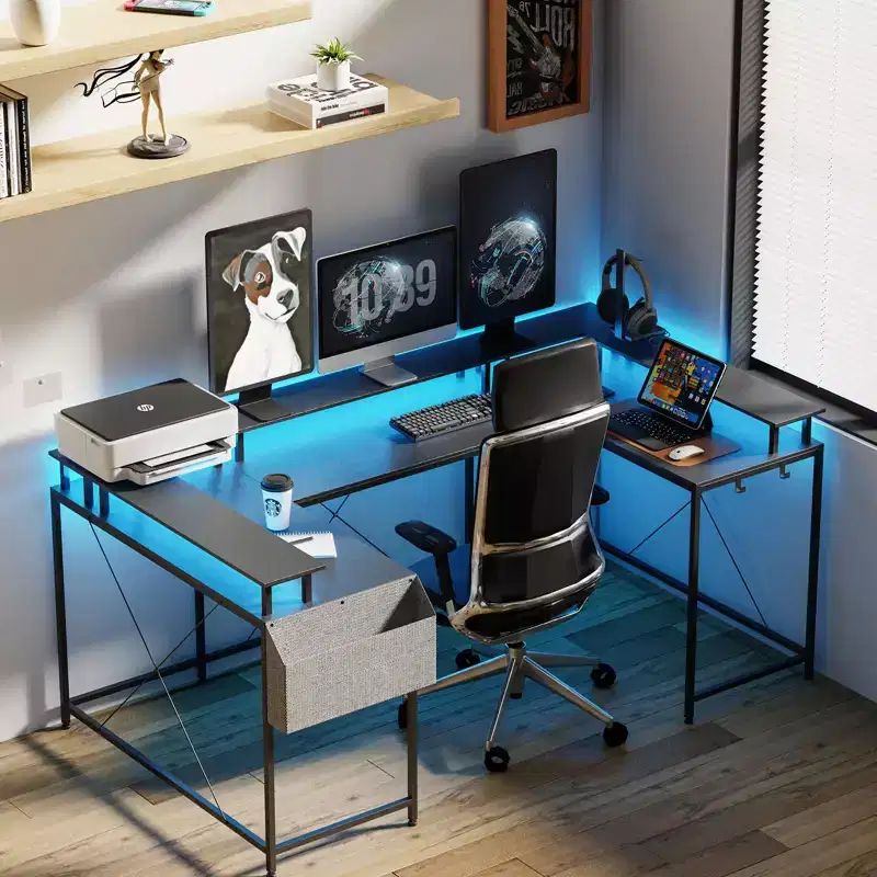 U Shaped Computer Gaming Desk with Power Outlets & LED Lights, Monitor Stand, Large Corner Desk