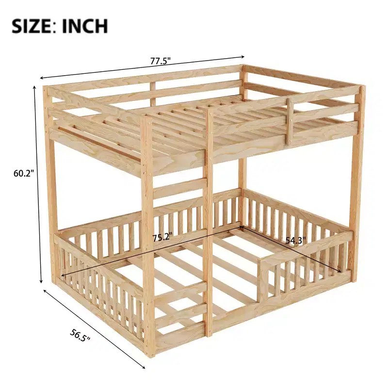 Full over Full Wooden Bunk Bed with Ladder and Guardrails, Low Floor Full Size Bunk Beds with Slats Support