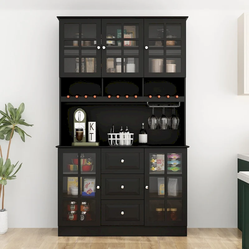 78.9Pantry Buffet White Buffet with Wine Glass Rack Drawer and Hutch