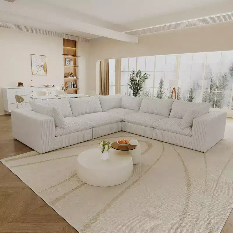 118.2 White Corduroy Fabric DIY Combination L Shape Cloud Sofa Deep Seat Couches Double-layer design Removable Cushion No Assembly