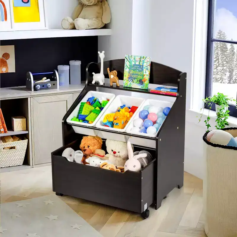 Kids Wooden Toy Storage Unit Organizer with Rolling Toy Box & Plastic Bins