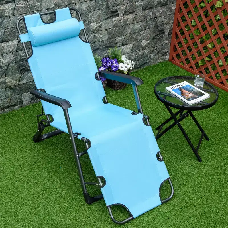 Folding Chaise Lounge Chair for Outside, 2-in-1 Tanning Chair with Pillow & Pocket, Adjustable Pool Chair for Beach, Patio, Lawn, Deck