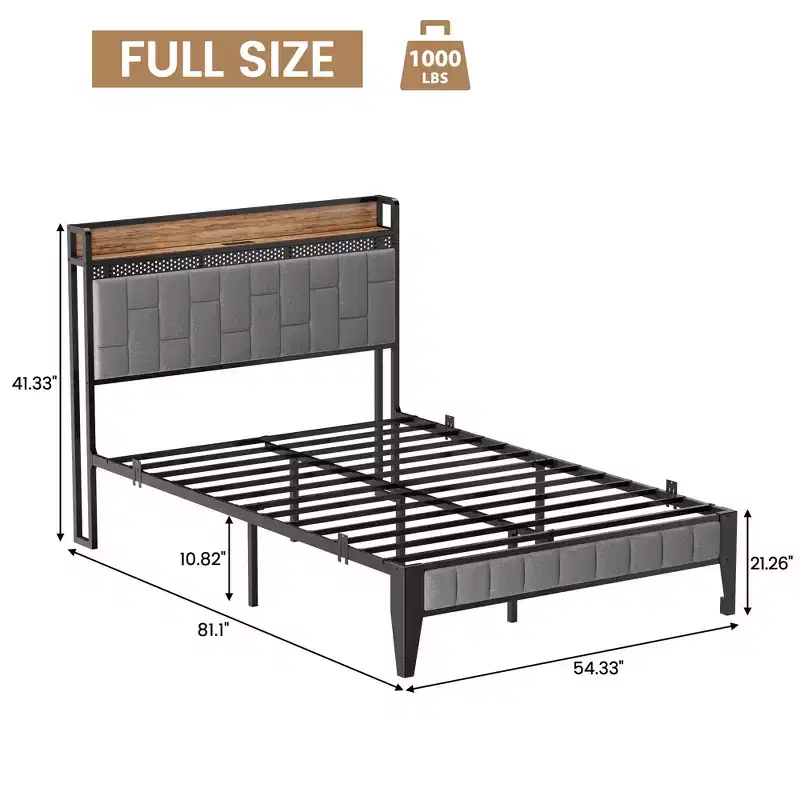 Storage Headboard Bed Frame | LED Lights & Charging Ports | No Box Spring Needed | Metal Frame | Easy Assembly