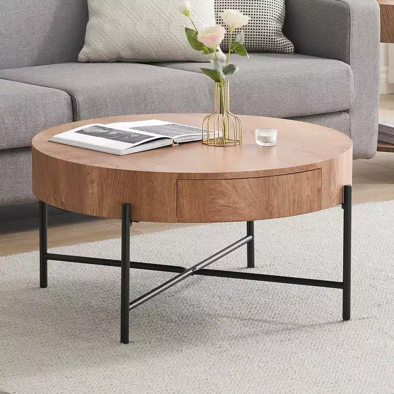 Round Wood Coffee Table with Drawer and Storage for Living Room