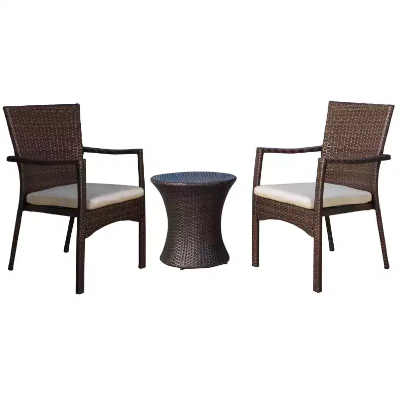 GDFStudio Angelica Outdoor Wicker and Iron 3 Piece Chat Set with Water Resistant Cushion, Brown/Beige