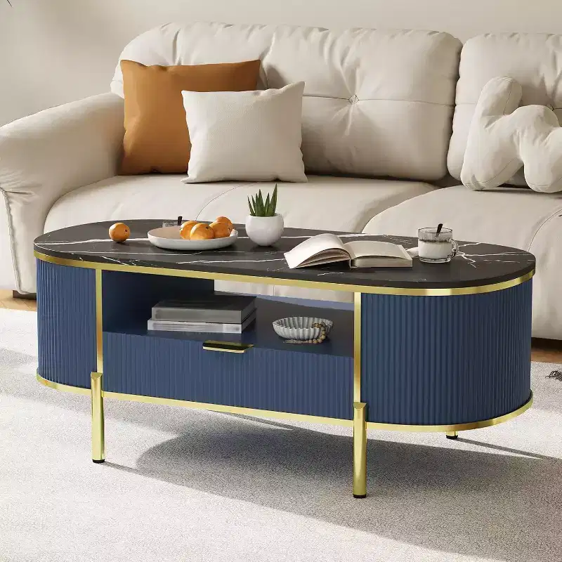 COZONY Modern Fluted Coffee Table with Drawer, 48 Oval Faux Marble Top & Gold Legs for Living Room