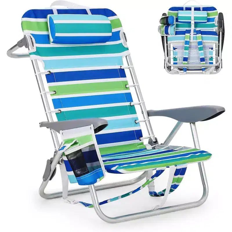 Acekool Backpack Beach Chair, 5 Position Lay Flat Folding Chair with Straps, Cup Holder & Towel Bar, Portable for Adults, 1 Pack