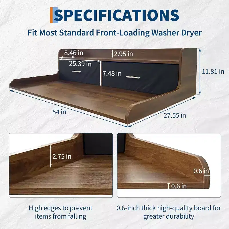 2 Tier Washer Dryer Countertop with 2 Drawers, Wood Laundry Countertop with 2.75 Washer Dryer Cover Anti-Slip Pads for Laundry Storage, Brown