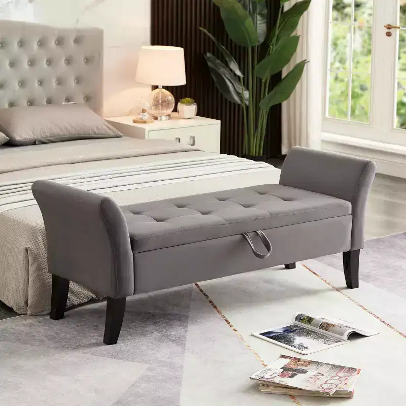 Velvet Tufted Storage Bench with Curved Arms & Solid Wood Legs, Gray Ottoman