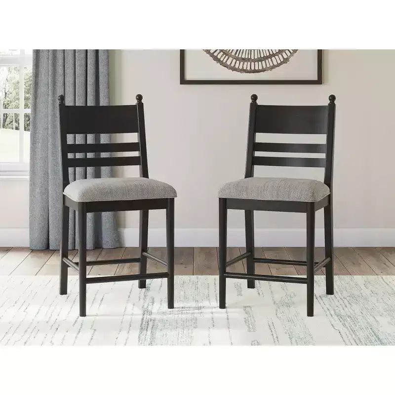 Signature Design by Ashley Chadworth Counter Height Upholstered Barstools, Set of 2, Black Wood Frame with Gray Foam Cushioned Seat