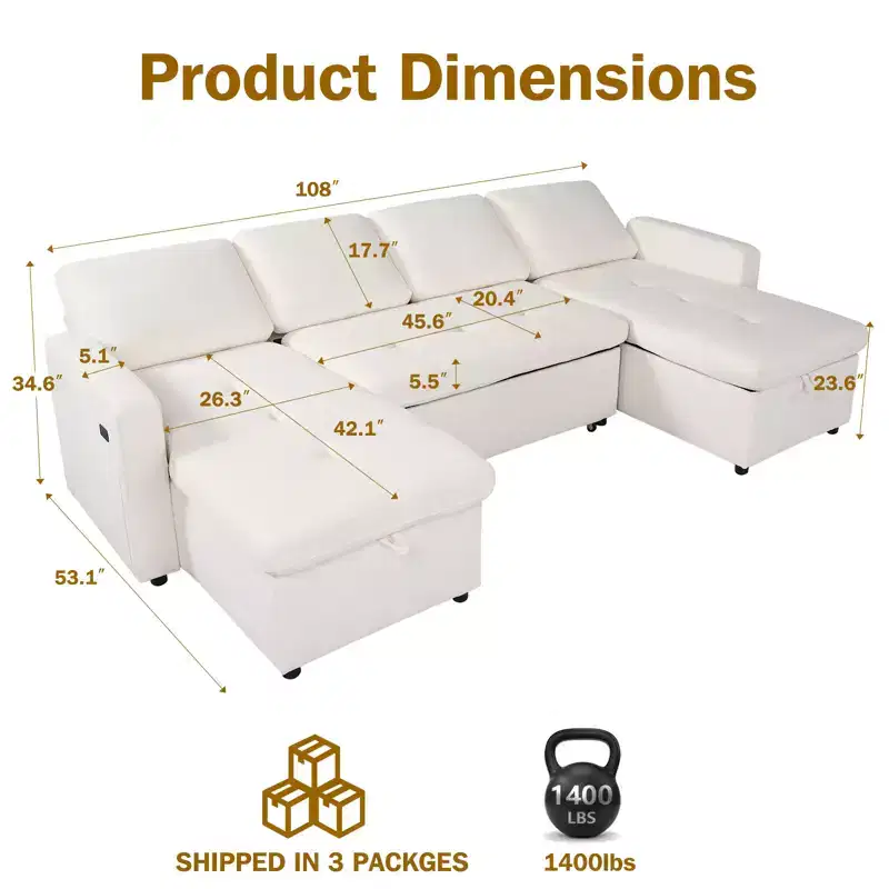 Dyonery 4-Seat Modular Sectional Sleeper Sofa with Pull Out Bed,Chenille U Shaped Sectional Sofa with USB Ports/Adjustable Backrest,Tool-Free Assembly
