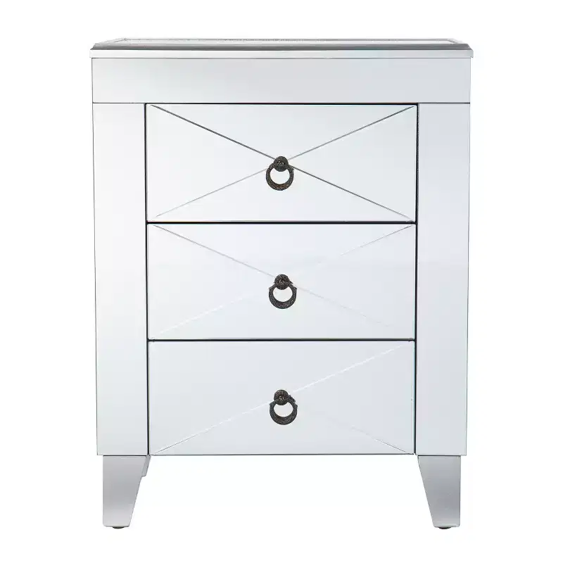 Mirrored End Table with 3 Drawers, Silver