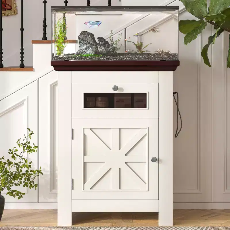 GDFStudio Dalton Farmhouse Wood Aquarium Stand with Power Outlets, Storage Cabinet and Drawer