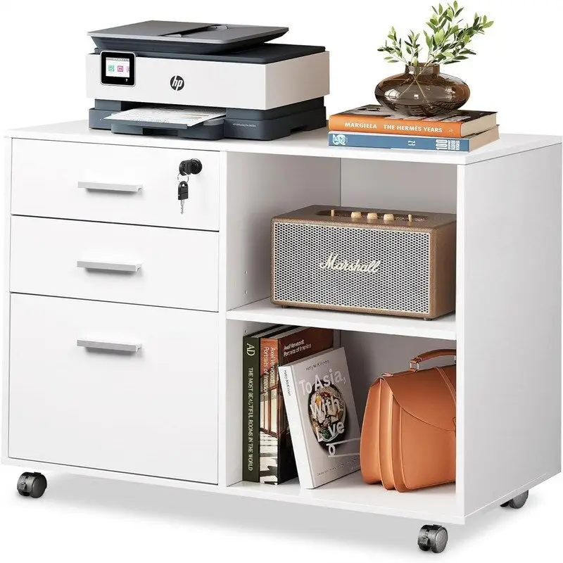 3-Drawer Rolling File Cabinet with Printer Stand – White / Black / Gray Oak, Lockable, 4 Wheels