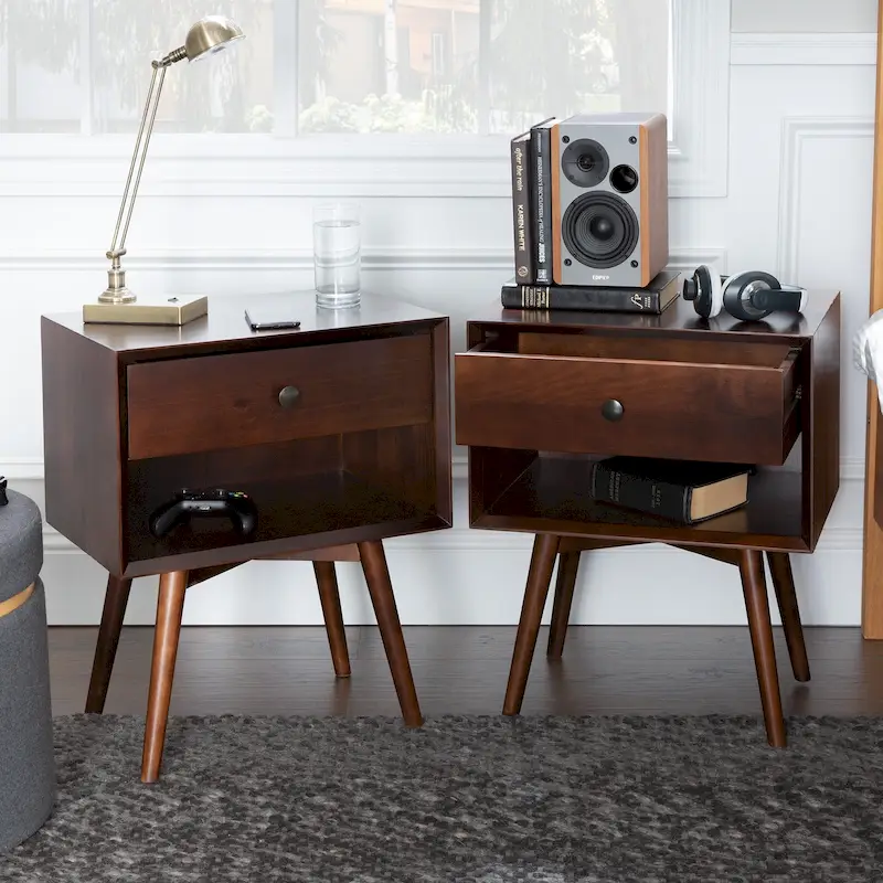 Set of 2 Mid-Century Solid Wood Nightstands with 1 Drawer, Bedroom Side Tables